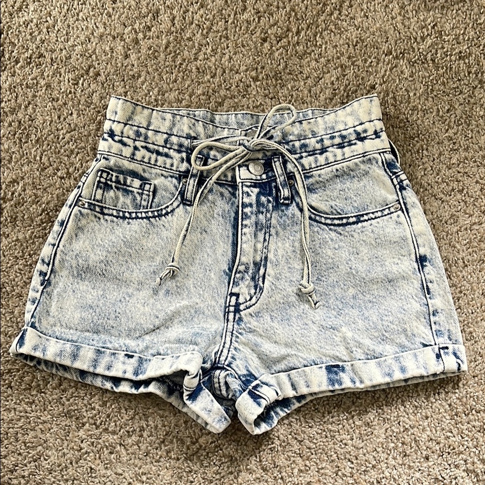 Acid Wash Denim Tie High-Waisted Women's Mom Shorts
